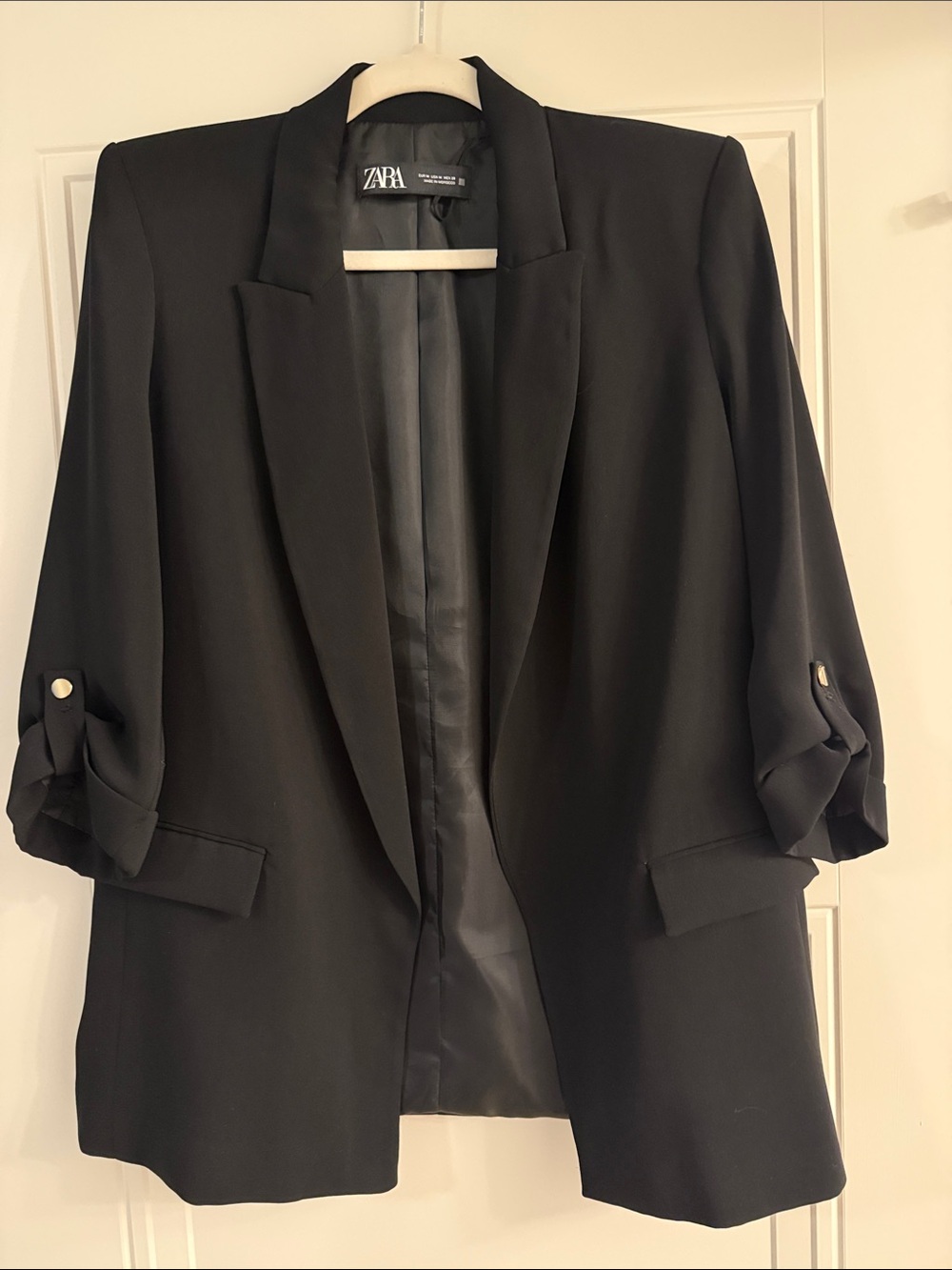 Zara Black Open-Front Draped Blazer with Rolled Sleeves